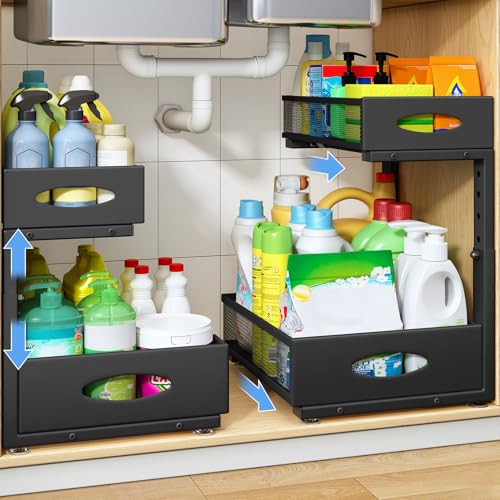 Under Sink Organizer, 2 Pack 2 Tier Pull Out Under... (2 Count | Black | Carbon Steel)