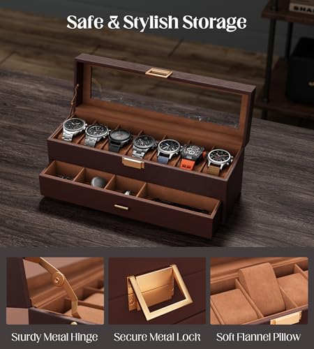 Watch Cases Box for Men 7 Slots Display Case with Jewelry Bottom | Watches Storage Organizer 2 Layer Pu Leather Collection Holder Gift for Dad Husband with Real Glass Lid Brown