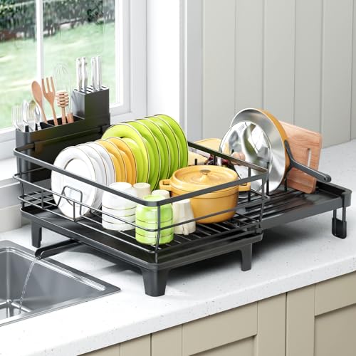 TOOLF Expandable Dish Drying Rack for Kitchen Counter, Black | Extendable 12"-22"W, Fast Draining, Large Capacity, Fits Large Plates, Utensil Holder, 3-4 People Family