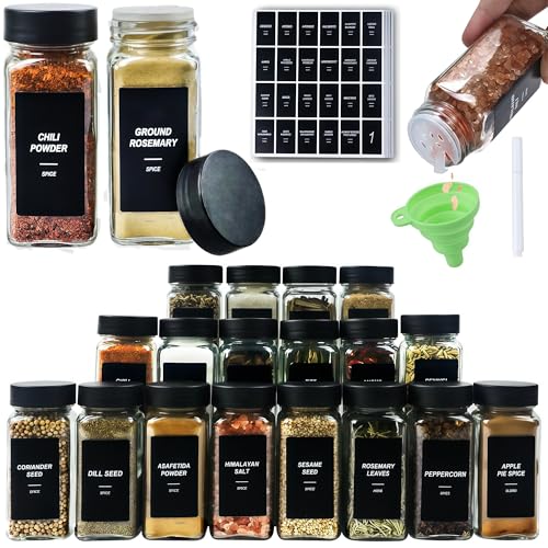 24 Spice Jars with Labels, 4oz Seasoning Jars for Cabinets, Drawers, Racks | Lead-free glass seasoning containers with black airtight lids, and they are dishwasher safe