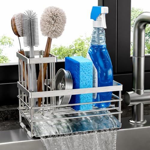 Cisily Sink Caddy Sponge Holder for Kitchen with Brush Holder and Stainless Steel Self Drain Tray, Rustproof Kitchen Sink Organizer for Sponge, Soap Dispenser Storage Accessories