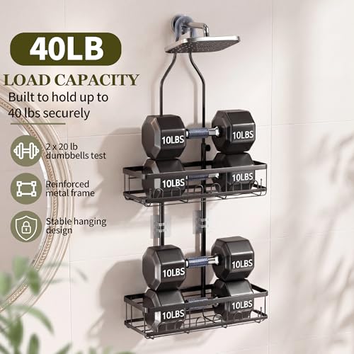 Skyapex Shower Caddy Hanging Over Shower Head, Adjustable, Black | Adjustable height fits tall bottles up to 18 inches; anti-sway design holds 40 lb; quick-drain steel; includes 2 soap trays.