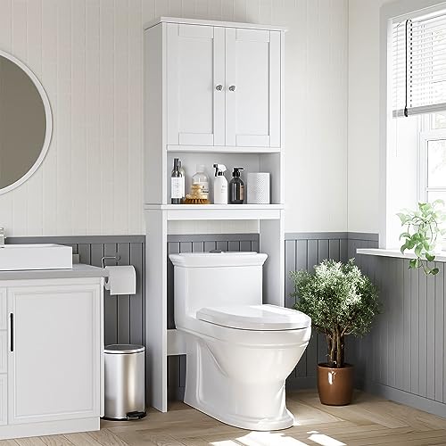 Shintenchi Over the Toilet Storage Cabinet, Bathroom Shelf Organizer with Anti-Tip Device Small Freestanding Space Saver with Adjustable Shelf,White