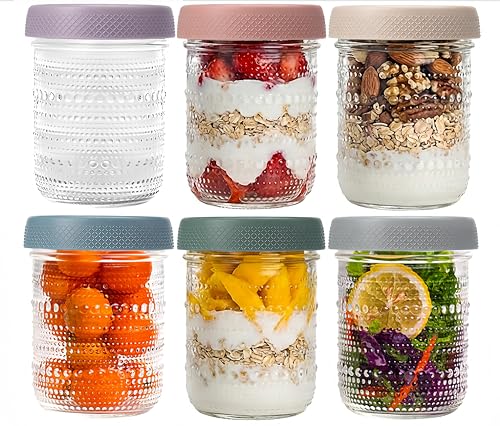 WACOI Overnight Oats Containers 16oz with Lids, 6 Pack Wide Mouth Mason Jars with Airtight Lids, Glass Food Storage Containers for Pickling, Fermenting, Snacks, Salad, Yogurt, Spice