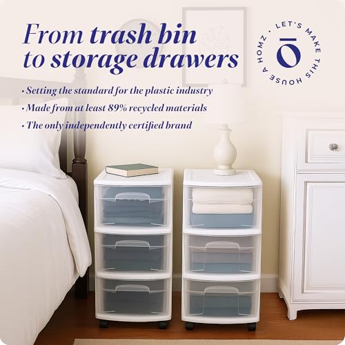 HOMZ 3-Drawer Storage Cart, Plastic Home, Dorm, & Office Organizer, White Frame | Plastic Organizer with Clear Bin Drawers for Bedroom, Bathroom, Home Office, and Dorm Rooms