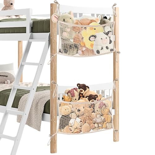 2 Pack Stuffed Animal Storage Net for Kids, Toy Organizer Net, Cotton | Bedside Stuffed Animal Net with Tether, Neatly Stores Stuffed Animals, Plush Toys, Stretches up to 35 Inches, Beige