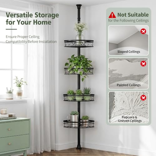 KEGII Corner Shower Caddy Tension Pole, Fan-Shaped Large Capacity Organizer | Towel Bar, Hooks and Razor Holder, Adjustable 52-114.2 inch Rustproof Steel Pole for No Drill Bathroom Storage