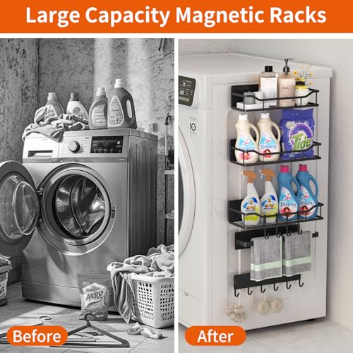 Magnetic Spice Rack,Multifunctional Magnetic Shelf for Washing Machine,Refrigerator,Microwave,and Any Metal Surface,Powerful Magnetic Shelves Include Magnetic Paper Towel Holder (5 pcs - Black)