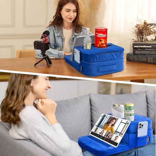 Couch Cup Holder Tray Pillow - Bed, Couch Caddy, Sofa, RV & Car - Holds Drinks, Snacks, Remotes, Phones, Kindle, Tablet | Bed Cup Holder (Blue)