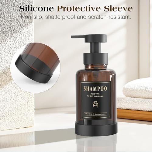 Luxspire Glass Foaming Soap Dispenser 15oz Hand Soap Bottle, Amber, 2 Pack | Anti-drip pump, wide mouth easy refill, non-slip silicone base, 5 waterproof labels, refillable glass for hand dish soap