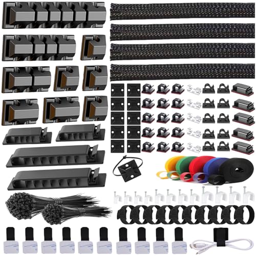 327 PCS Cable Management Kit 4 Cable Cable Sleeves,65 Cable Clips | 13Cord Holders,25 Roll Cable Organizer Straps,200 Fastening Cable Ties,20 Cable Zip Tie Mounts for Computer