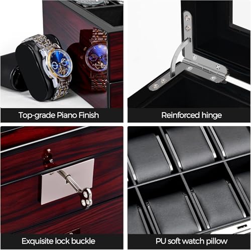 ANWBROAD Watch Box 20-Slot Wooden Watch Case Organizer with Large Glass Lid | 2-Layer Watch Display Case for Men with Removable Watch Pillows, Lockable Watch Storage Box with Piano Paint UJWB002Y