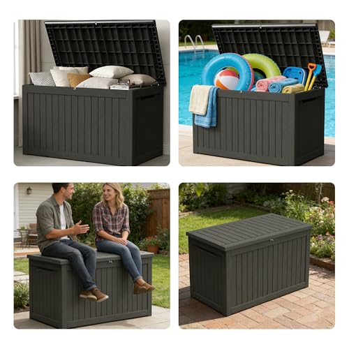 200 Gallon Outdoor Storage Box Resin Deck Box All Weather Waterproof Large Lockable Storage Container Deck Box for Patio Furniture, Garden Tools, Lockable, Black New