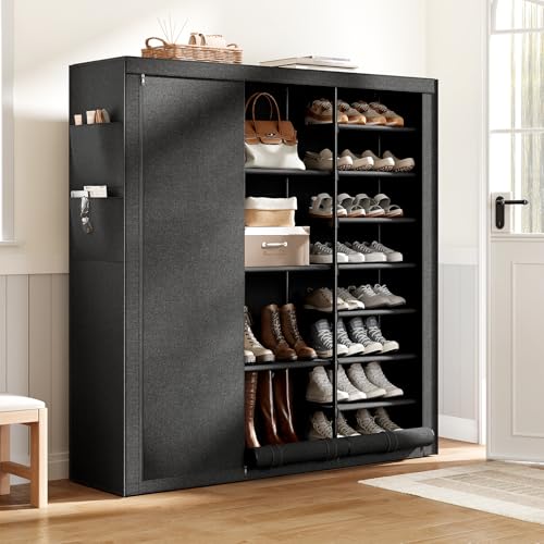 9 Tier Shoe Rack with Cover, Cabinet for 55 Pairs, Black | Large family capacity for boots/heels/sneakers. Reinforced stability. Slim footprint, corner-friendly. Quick no-tool setup.