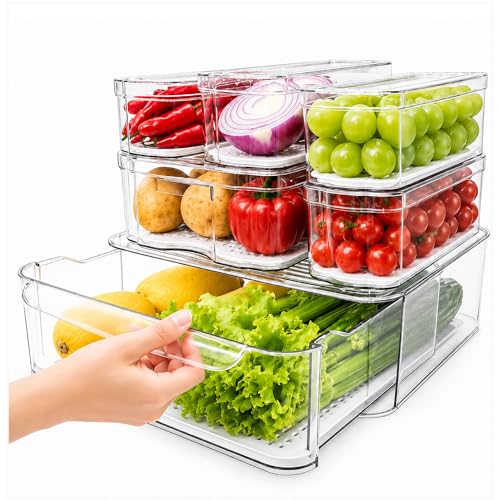 SMRCAD Clear Fridge Bins with Drain Trays - BPA-Free PET, Stackable(6 Pack) | 6 Pack: 1 Drawer + 5 lidded Bins, Helps Keep Produce Fresh, 16.3L Capacity, Hand Wash Only