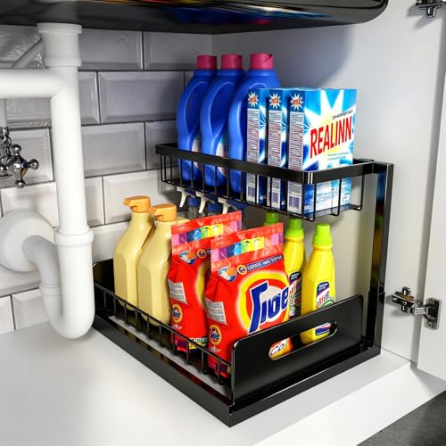 Under Sink Organizer, L-Shaped Pull Out Cabinet Or... (Black | Cast Iron)
