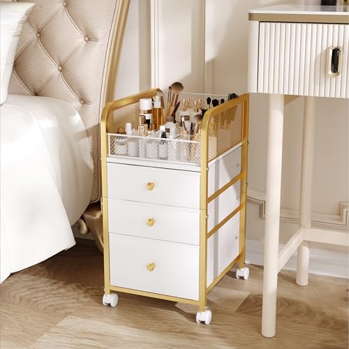 Rolling Makeup Organizer Cart with 3 Drawers Under Desk Storage | Vanity Cart Bathroom Storage Cart Cosmetic Vanity Display Cases Holder for Nail Polish Brush Hair Tool