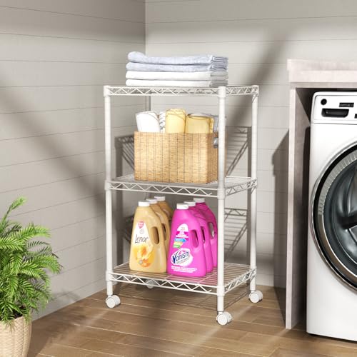 SINGAYE 3 Shelves Storage Shelf Wire Shelving Unit Metal Adjustable Wheels | Small Shelf Storage with Wheels Organizers Closet Unit for Bathroom Laundry Room Kitchen Pantry11.5D x 17.5W x 30.5H White