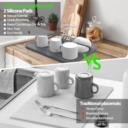 2 PCS Stone Dish Drying Mat & Silicone Mat for Kitchen Counter – Diatomaceous Earth Bath Mat for Bathroom, 16.14"L×12.4"W×2 Quick Dry Mats for Dishes ,Bottles, Cups, Match Any Countertop(Gray)