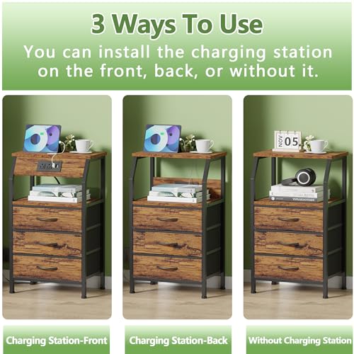 Night Stand with Charging Station, 3 Fabric Drawers Bedside Table | Rustic Brown Dorm Nightstand For Bedroom, 28.3 Inch Tall, Usb Ports & Outlets, Side Table with Storage Shelf, 3 Ways to Use