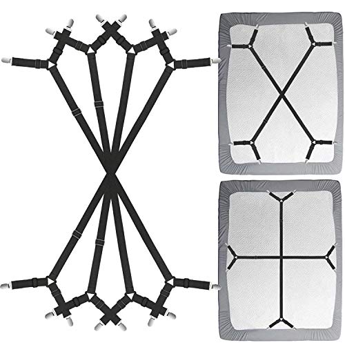 Bed Sheet Clip Straps - 2 Way Adjustable Crisscross Sheet Corner Holder Straps Gripper Elastic Sheet Band Mattress Straps Fasten Suspenders(2 Set/4Pcs, Black)