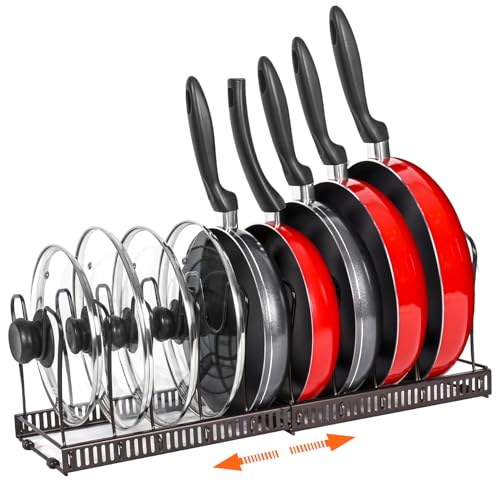 ROOHUA Pot and Pan Lid Organizer Rack for Under Cabinet, 12"-23" Expandable | 10 Adjustable Dividers, Holds Pan Lids, Cookware & Bakeware, Creates Tidy Cabinet Storage, Durable Metal, Bronze