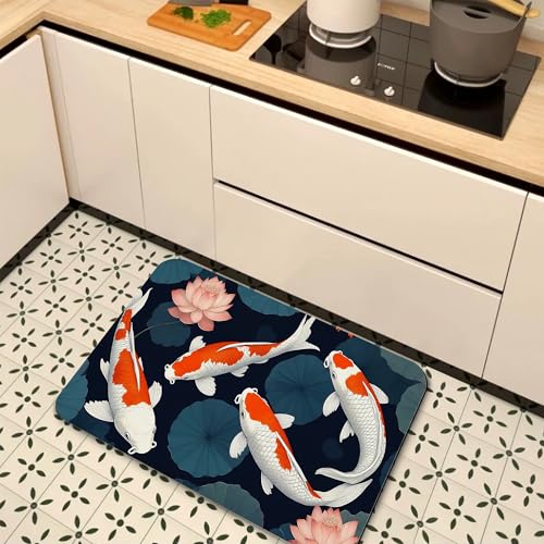 Japanese Fish Bath Mat,Fast Drying Lotus Flowers Leaves Bathmats for Bathroom, Non Slip Soft Diatomaceous Bath Rug Bathroom Accessories Thin Doormat for Home Kitchen 17 X 29.5 Inch
