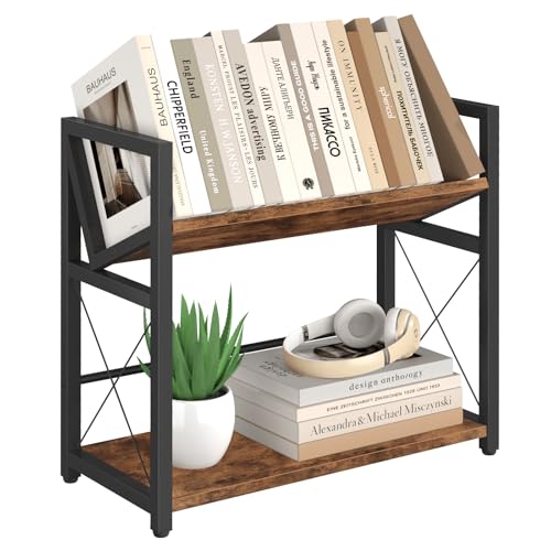 Desktop Bookshelf, 2 Tier Desk Shelf Organizer, Wo... (Rustic Brown | Wood)