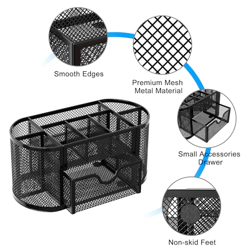 EasyPAG Mesh Pen Holder Desk Organizer with Drawer Stationery Supplies Organizer for Dorm School 9 Compartments Workspace Desk Accessories Organization for Office, Black