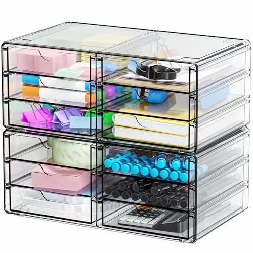 2 Pack Acrylic Storage Drawers With 12 Small Drawer,Stackable Office Cabinet Organizer and Makeup Organizer,Clear Plastic Drawers for Craft Supply,Pen,Stationary,Accessory,Makeup,Desk Organizer