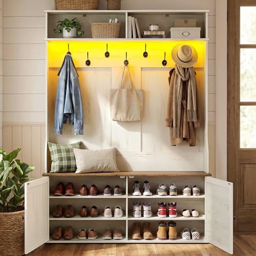 Hall Tree with Bench and Shoe Storage, 5-in-1 Coat... (Rustic White)