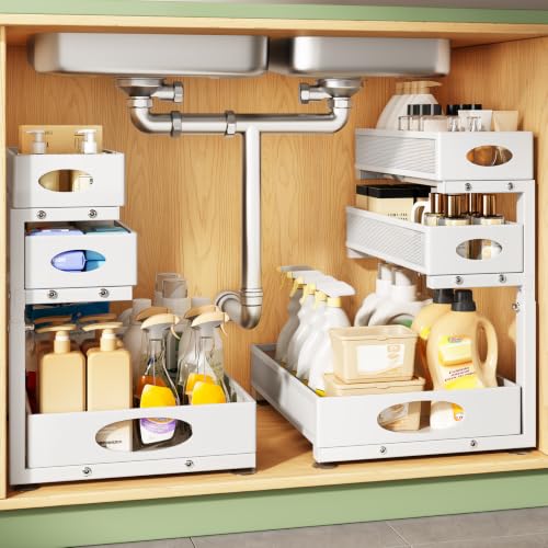 Under Sink Organizer 3-Tier Slide Out Drawer for B... (White)