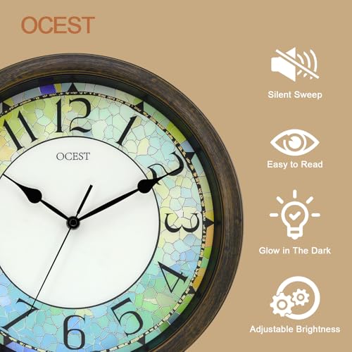 13 Inch Illuminated Wall Clock, Glow in The Dark, Brown | Silent battery movement, easy-read dial, for bedroom, bathroom, living room, kitchen, and home office decor