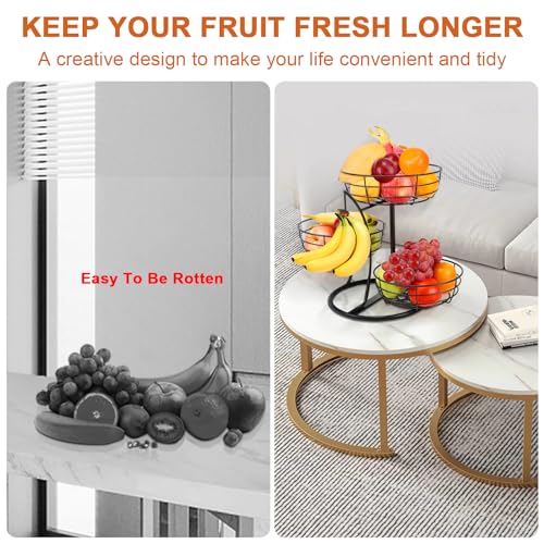 Fruit Basket Bowl with Banana Hanger, Fruit Vegetable Storage Basket with Banana Tree Holder for Kitchen Counter, Detachable Organizer for Bread Snack Produce (Black, 3-Tier Metal Base)