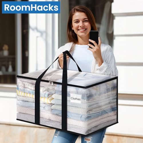 Moving Bags, Heavy Duty Large Storage Bags, 88L, 6 Pack, Clear | Water-Resistant Packing Bags with Reinforced Handles & Dual Zippers, Foldable Storage Totes for Dorm Move & Home Organization