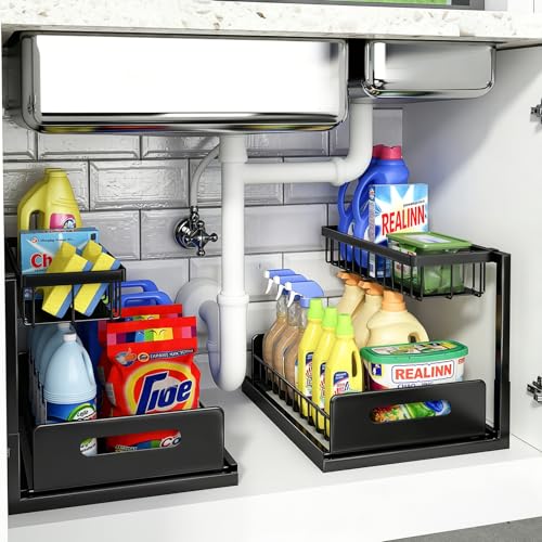 Under Sink Organizer, L-Shaped 2 Tier Pull Out Cab... (2 Count | Black | Cast Iron)