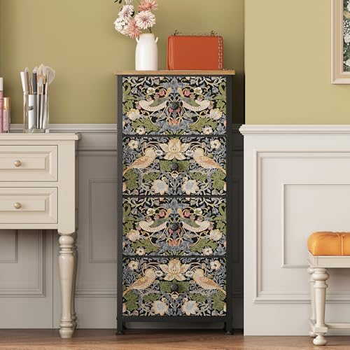 Dresser for Bedroom with 4 Drawer Strawberry Thief Dresser Vintage Storage Tower Unit Nightstand for Living Room Hallway Kids Room Closet Sturdy Steel Frame Wooden Top, Brown