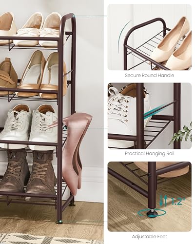 SONGMICS Stackable Shoe Rack, 4 Tier Metal Shoes Rack Storage Shelf, Holds up to 16 Pairs Shoes, Adjustable Slanted Shelves Tower Organizer for Closet Entryway Small Spaces, Bronze
