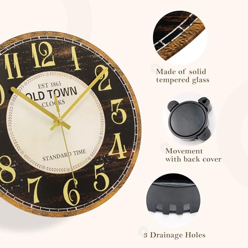Waterproof Outdoor Wall Clock 12in Silent Patio Pool Black Gold Decor | WISKALON Glass Retro Vintage Battery Operated Non-Ticking Quartz Analog For Room Office