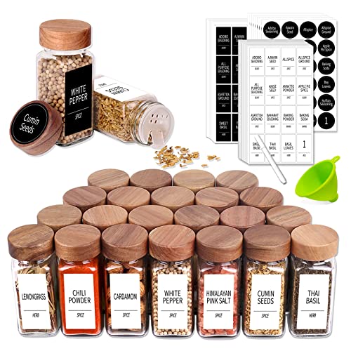 Churboro 24 Pack 4oz Glass Spice Jars with 547 Labels, Acacia Wood Lids | Empty Square Spice Bottles with Acacia Wood lids, Labels, Funnel & Chalk Pen. Keep Seasoning Containers Neat and Organized