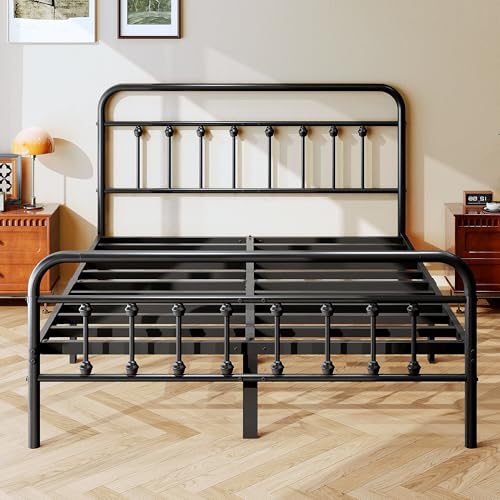 zunatu Full Size Metal Bed Frame with Victorian Style Headboard and Footboard, Steel Slat Support Platform Bed, No Box Spring Needed, Under Bed Storage, Easy Assembly, Black
