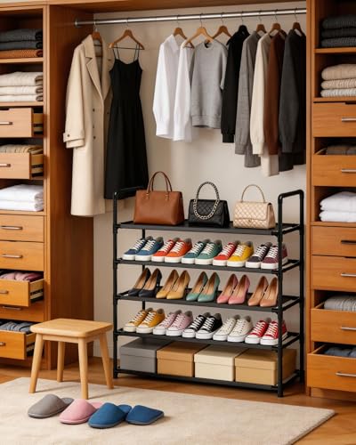 5 Tier Tall Shoe Rack Large Capacity, 34.5" Wide Entryway Shoe Organizer, Stackable Metal Frame Waterproof Nonwoven Shelves, Holds 20-25 Pairs, Space Saving Storage for Closet Hallway Garage, Black