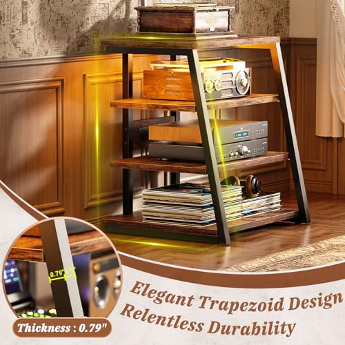 AV Media Stand, Stereo Stands and Racks Small Entertainment Center | Corner Shelf Stand with Power Strip & LED Lights, Audio Tower HIFI Rack Stereo Shelf CRT TV Stand, 4 Tier, Rustic Brown
