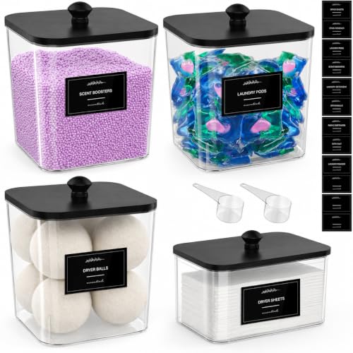 COAZEX 3+1 Pack Clear Laundry Pods Container & Dryer Sheet Holder Black Lid | Laundry Organization, Square Design, 2 Scoops & 12 Labels, For Detergent Powder, Laundry Pods, Dryer Sheets, Dryer Balls