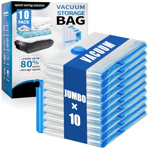 10 Jumbo Vacuum Storage Bags for Bedding Vacuum Seal Bags for Blankets | Extra Large Storage Bags Vacuum Sealed with Hand Pump Space Saver Bag for Clothing Travel Bedding Comforters Pillow Duvets