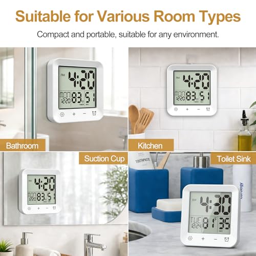 Shower Clock Waterproof, Bathroom Digital Clock with Timer, LCD Display, Touch Screen, Suction Cup, Temp, Seconds, Hanging, Hole Stand, Digital Wall Clocks Battery Operated for Kids and Adults