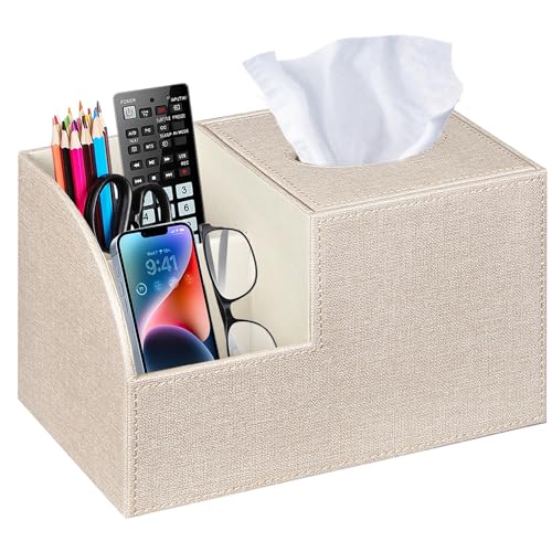 PU Leather Square Tissue Box Cover - Multi-Functional Tissue Box Holder | Tissue Box Cover with Storage,Tissue and Remote Control Holder/Caddy,Cube Tissue Box Organizer Bedroom Nightstand End Table