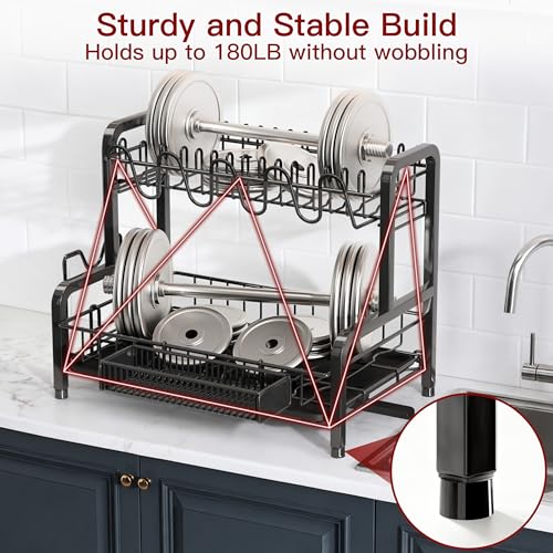 2 Tier Black Stainless Steel Dish Drying Rack for Kitchen Counter | Large Capacity Dish Drainer with Drainboard, Cup & Utensil Holder, Space Saving Rustproof Metal Plate Rack, Fast Drain