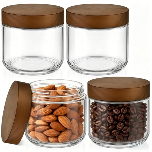 Bumobum 8 oz Glass Jars with Lids, Small Jars for Loose Leaf Tea, 4 Pack | Airtight containers with acacia wood tops and wide openings; for loose leaf tea storage, coffee, snacks, yogurt and spices.