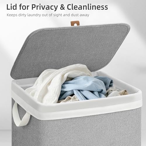 STORAGE MANIAC Metal Frame Laundry Hamper with Lid, 23.7 Gal Tall Laundry Baskets with Removeable Bag, Large Clothes Hamper with PU Tag, Laundry Bin for Dorm, Collage, Bathroom, Bedroom, Gray